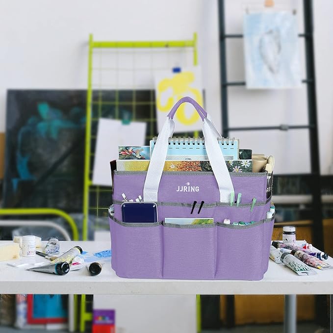 JJRING Craft Organizer Tote Bag, Large Art Storage Caddy with Multiple Pockets, Lilac Sewing Bag for Art, Craft, Scrapbooking, School, Medical, and Office Supplies Storage