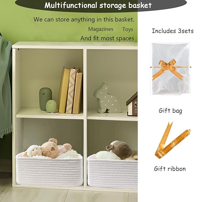 COMFY-HOMI 13" x 8.5" x 5.1" Storage Baskets for Organizing | Cotton Rope Woven Basket | Toy Storage Bin Box | Basket for Shelves, Closet Organizer Bin, Decorative Closet Shelf, 1 Pack, All white