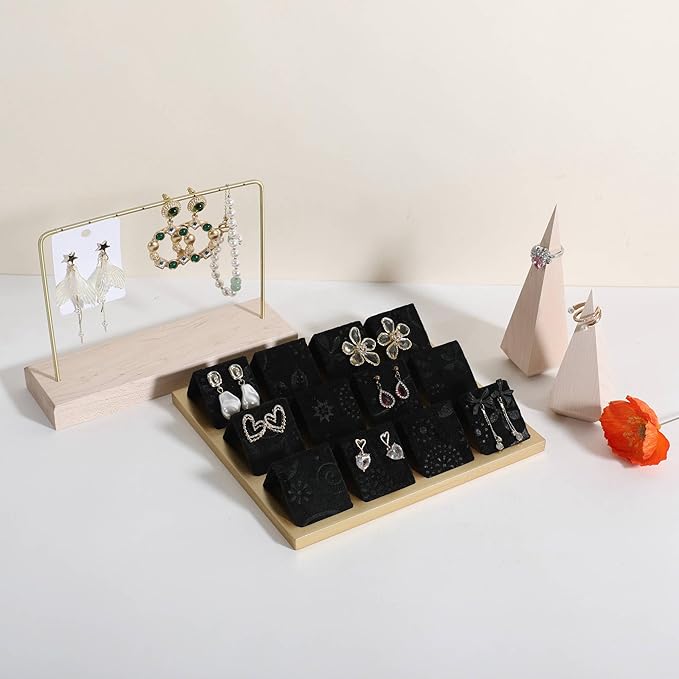 GemeShou Golden coated earring display stand for selling, velvet stud earring holder for jewelry display, Jewlery earring storage organizer tray, studs holder jewelry organizer【Earring holder-Black】