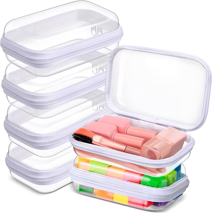 Sanwuta 6 Pcs Clear Hard Zipper Case Hard Plastic Zipper Pouches Transparent Makeup Bag Pencil Pouches for Travel Snacks Christmas Trinket Storage Organizer Box(White,5 x 3 x 2 Inch)