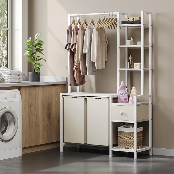 Laundry Hamper with Shelf, 5 Tiers Tall Laundry Basket Sorter with 2 Pull-Out and Removable Bags, Clothes Rack with Laundry Sorter for Laundry Room Bathroom Bedroom, White