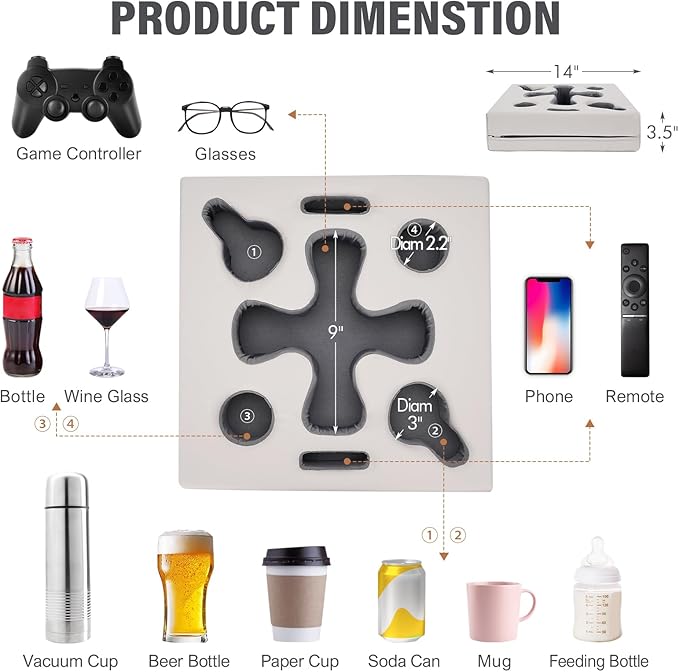 Couch Cup Holder Pillow-Sofa Cup Holder for Bed, Rv, Tv, Car, Man Cave, Backseat | Remote, Drinks, Snacks Tray Organizer Caddy Cupholder (Square-PU Grey)