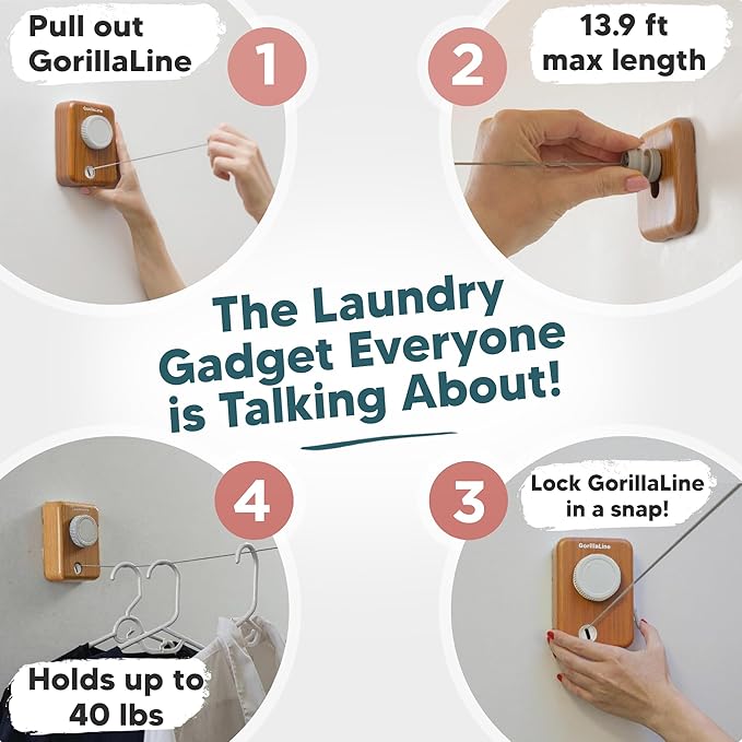 GorillaLine Max - Retractable Clothesline Indoor Outdoor Clothes Line - Heavy Duty Clothes Drying Laundry Line - Wall Mounted Drying Rack - Air Dry Clothing - Max Tighten with GorillaGrip