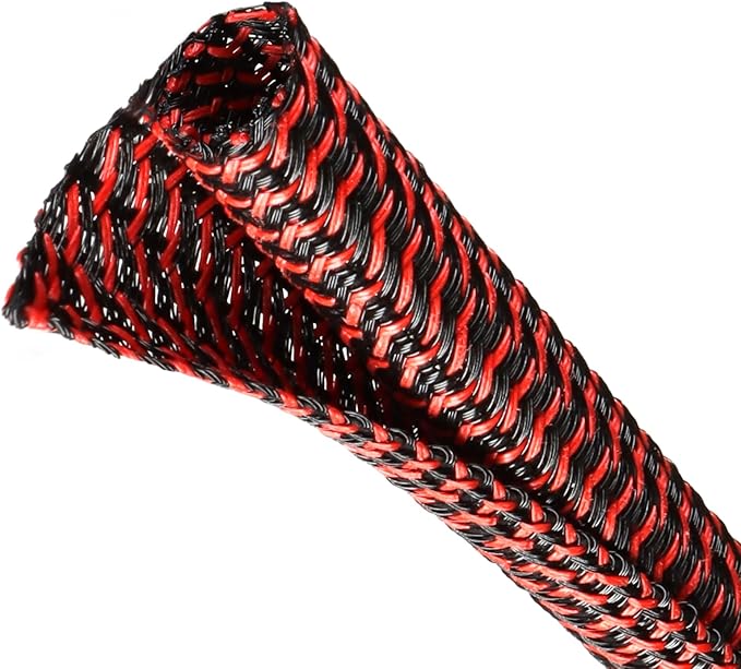 Split Wire Loom Tubing, Cable Protector Sleeve, Braided Cable Management for TV/Computer/Home Theater/Engine Bay, Cord Protectors from Pets No Chew (Red and Black, 1/2"-25ft)