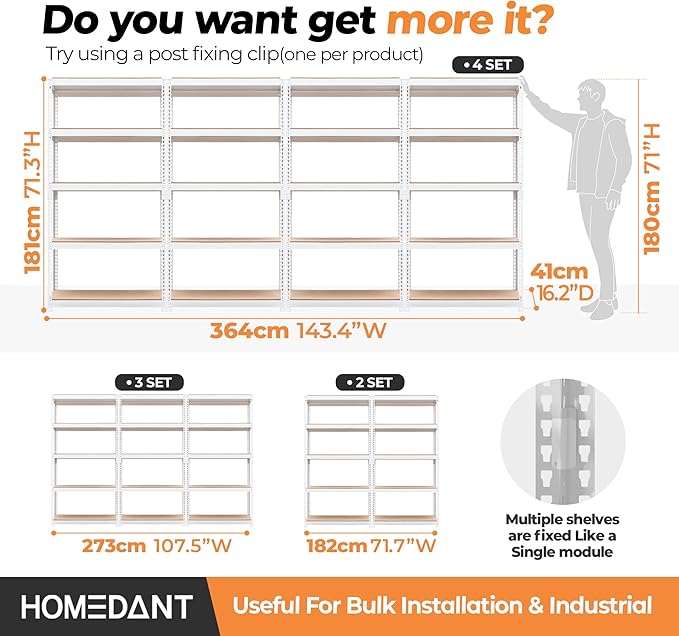 HOMEDANT 5 Tier Storage Shelves Adjustable Laminated Boltless Garage Metal Shelving Unit Heavy Duty Utility Rack Shelf Warehouse Pantry Closet Kitchen (4, (M) 35.9" W, White)