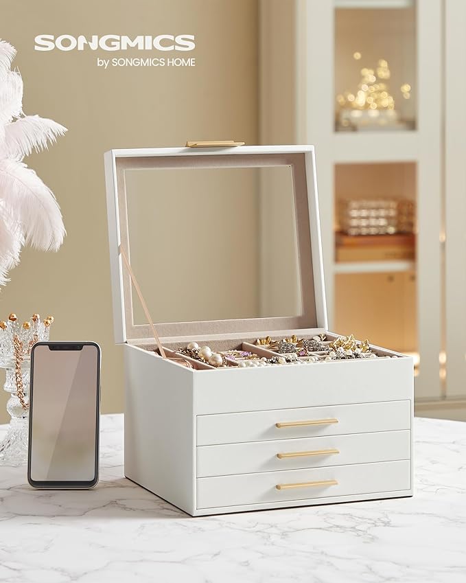 SONGMICS Jewelry Box Organizer with Glass Lid, 4-Layer Jewelry Storage, with 3 Drawers, Modern Style, Christmas Gift, 8 x 9.1 x 6.5 Inches, Cloud White and Gold Color UJBC173W01