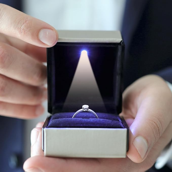 Novel Box Square Shaped Gold Ring Box With LED Light 2.25X2X2.5 Inches - Jewelry Ring Case Best for Jewelry Displays - Gift Boxes for Mother's Day, Engagement, Anniversary & more Happy Occasions