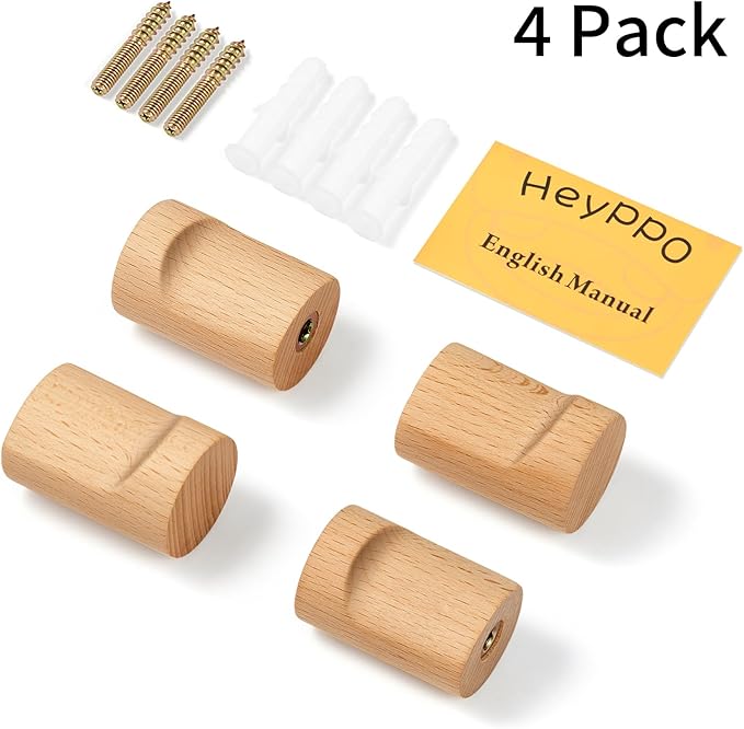 Wooden Wall Hooks 4 Pack, Modern Decorative Coat Hook Wall-Mount, Handmade Rustic Hat Hooks, Entryway Wall Hangers for Hanging Coats Hats Backpack, Bathroom Wood Towel Rack (Natural)