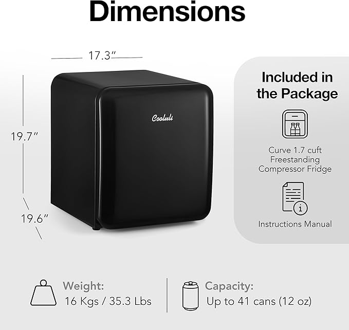 Cooluli Curve 1.7 cu ft Mini Fridge - Small Refrigerator for Bedroom, Office, College Dorm Room - Smart Temperature Control (Black, 1.7 cu.ft)