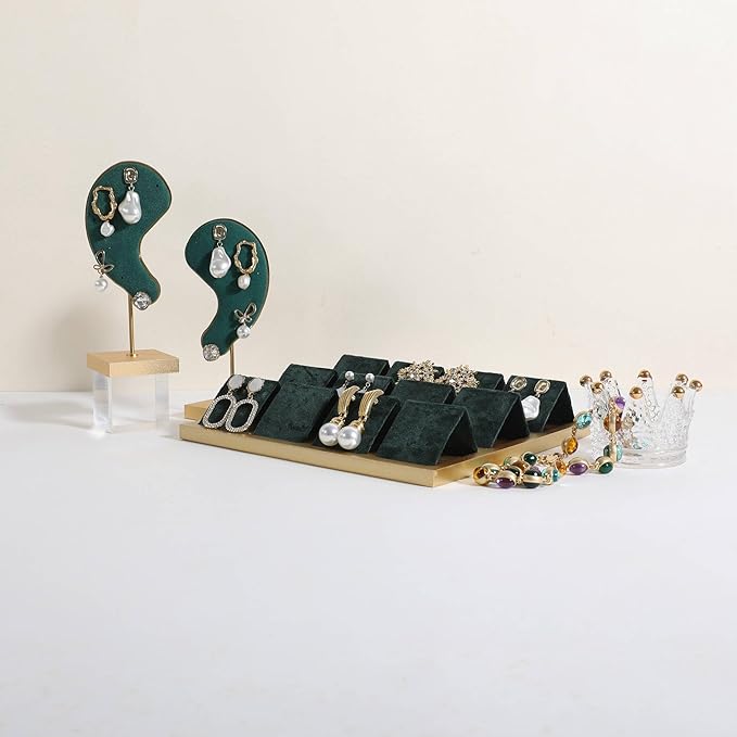 GemeShou Golden coated earring display stand for selling, velvet stud earring holder for jewelry display, Jewlery earring storage organizer tray, studs holder jewelry organizer【Earring holder-Green】