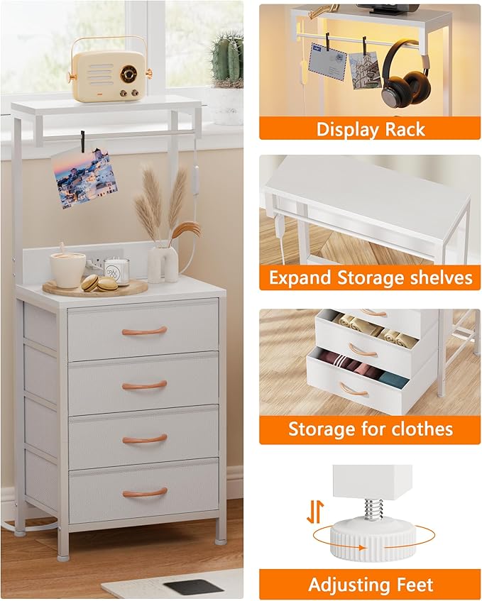 Furnulem White Nightstand, 38 inches Tall Night Stand with Charging Station and LED Lights, Bedside Table for Bedroom, Office, Hallway, 4 Fabric Drawers, Metal Frame, Wood Shelves