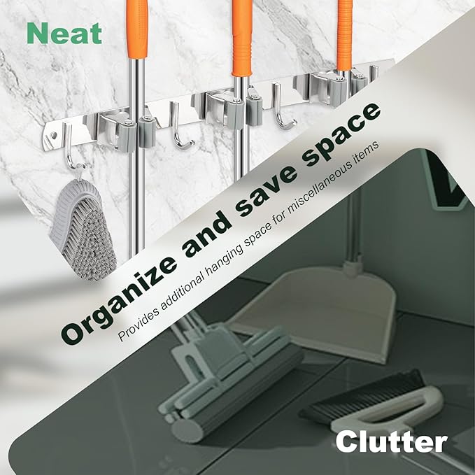 5 Pack Broom Holder Wall Mount 3 Racks 4 Hooks Stainless Steel Broom Mop Holder Anti Slip Storage Rack Strong Load Bearing Waterproof Broom and Mop Organizer Wall Hanging for Bathroom Kitchen Garage