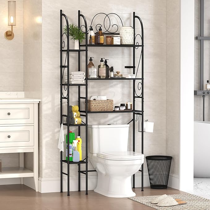 7-Tier Over the Toilet Storage Rack, Heavy-Duty Metal Bathroom Organizer with Adjustable Shelf, Toilet Paper Holder & Side Hooks, Space Saver for Small Bathrooms, Laundry Room & Apartments, Black