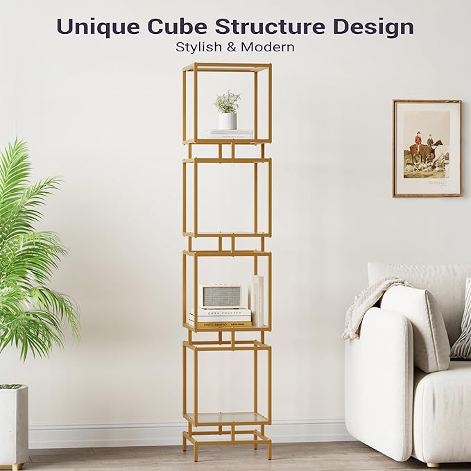 4 Cube Glass Shelf, 4-Tier Bookshelf, Display Shelf Rack, Metal Storage Rack with Tempered Glass, Modern Style for Living Room, Bathroom, Kitchen, Golden
