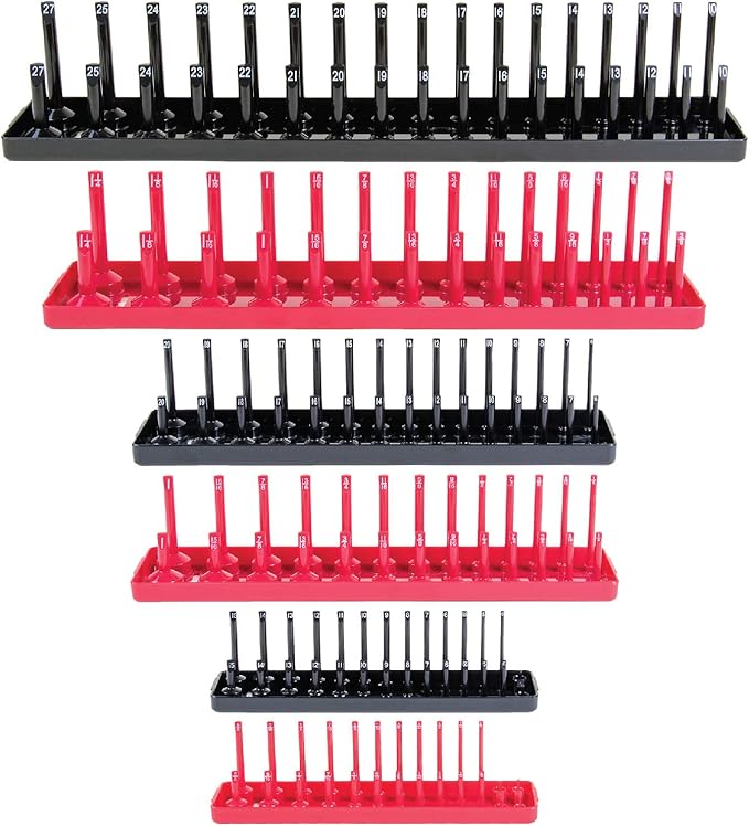 B&C Home Goods Socket Organizers - 6 Piece SAE & Metric Tray Socket Holder - Toolbox Organizers and Storage for ¼, ⅜ and ½ inch Drive Holder for Mechanics