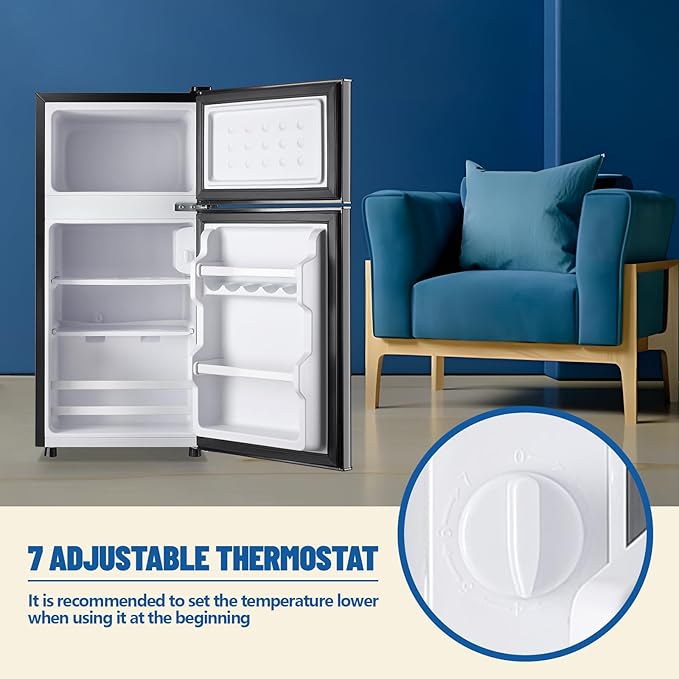 Tniy Personal Capacity Black Refrigerator with Freezer Double Door Mini Fridge Small Apartment Refrigerator with 7 Adjustable Temp Control