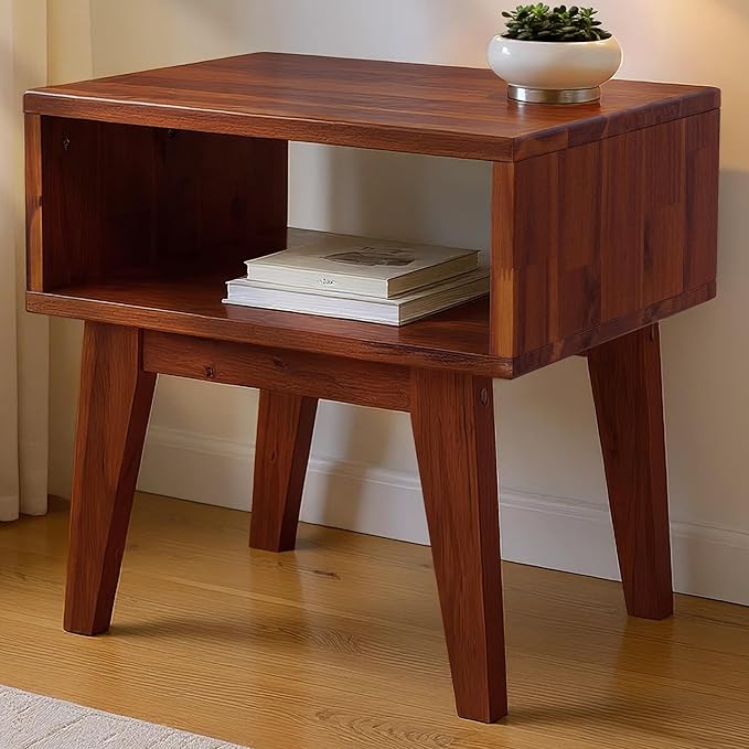 Acacia Serena Nightstand Solid Wood Nightstand with Open Storage Shelf, Wood Bedside Table, Night Stands for Bedroom - Walnut