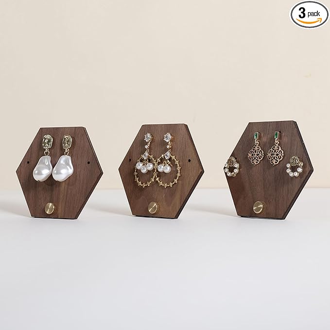 GemeShou 3pcs wooden jewelry earring organizer holder, walnut earring studs stand for boutique store, cute earring display for selling with 6 holes on each【Earring stand-Hexagon-3pcs】