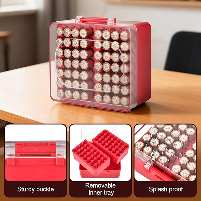 FULLCASE Battery Storage Organizer Box, Holder Container for 56 AA Batteries, Plastic Home Batteries Variety Pack Protective Organization(Case Only) Red