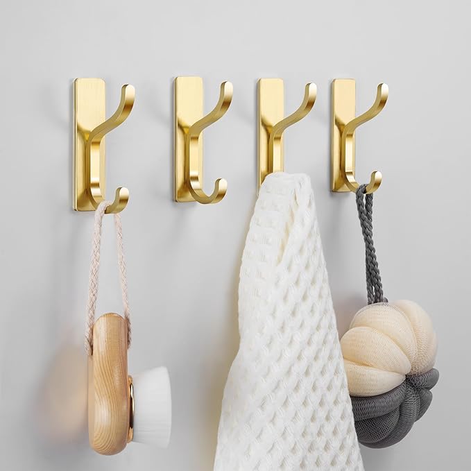 pickpiff Adhesive Wall Hooks for Hanging Towels: Brushed Gold Stainless Steel, 13LB Strong Hold Sticky Hangers for Coats, Purses,Bags, Keys - Bathroom, Kitchen, Door, Shower, Dorm, RV - 6 Pack