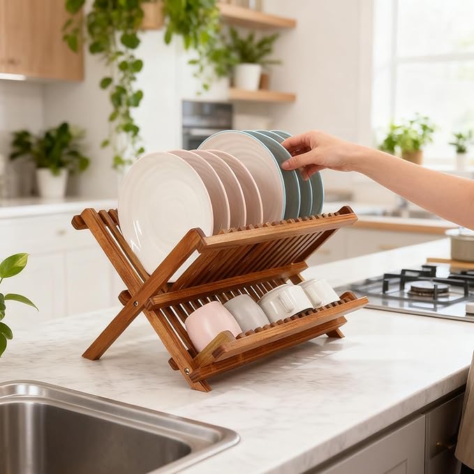 Utoplike Teak Dish Drainer Rack Collapsible 2 Tier Dish Rack Dish Drying Rack Foldable Plate Organizer Holder for Kitchen Compact