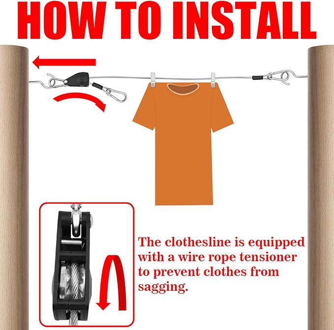 40ft Clothes Line Outdoors 3/16" Wire Ropes Silver PVC Coating Laundry Drying Clothesline Retractor with Metal Hooks Heavy Duty for Umbrella Travel Outside Camping Backyard