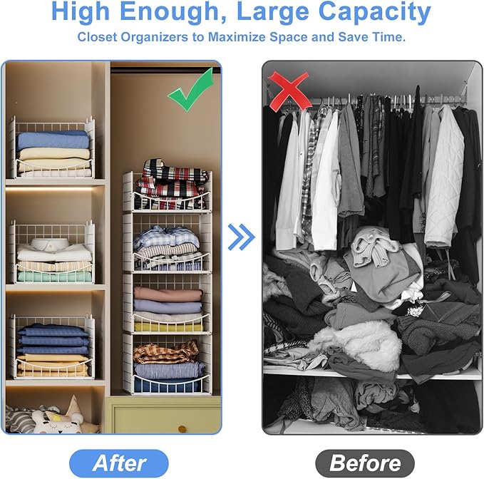 4-Tier Stackable Closet Organizers and Storage Shelves, Foldable & Mutifunctional Clothes Storage Basket Sweater Organizer Bins Container for Wardrobe Bathroom, White (Patent Pending)
