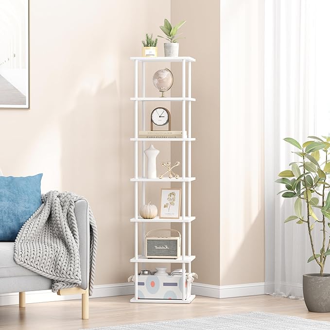 Bamboo Free Standing Shoe Rack Shelf Multi Tier Tall Wooden Stackable Shoes Rack Organizer for Closet Front Door Entrance Narrow Vertical Shoe Storage Rack for Corner Stand (White, 7 Tiers)