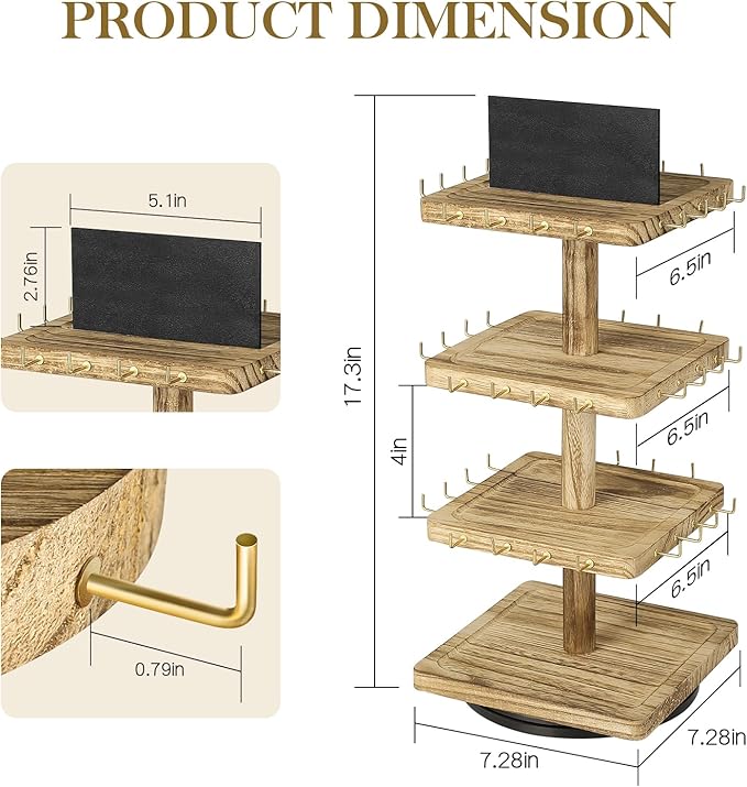 LadyRosian 3-Tier Wooden Rotating Jewelry Display Stand | Bracelet & Keychain Organizer with Advertising Board | 48 Hooks Rustic Holder for Vendor Booth & Stores (3-Tier Square Slot Display)