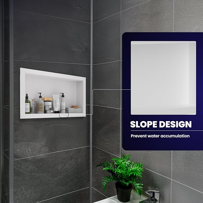 12" x 24" Stainless Steel Shower Niche, Single Waterproof Shelves, No-Tile Needed Bathroom Organizer, Rustproof Wall Shelf for Shampoo, Soap & Toiletries, White
