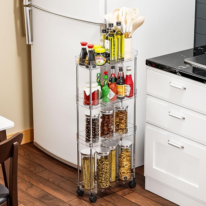 Yieach Clear 4 Tier Slim Rolling Storage Cart with Wheels,6.3″W Thin Shelf,Bathroom Storage Cabinet,Skinny Laundry Cart,Narrow Laundry Room Cart Between Washer and Dryer,Skinny Shelves for Small Space