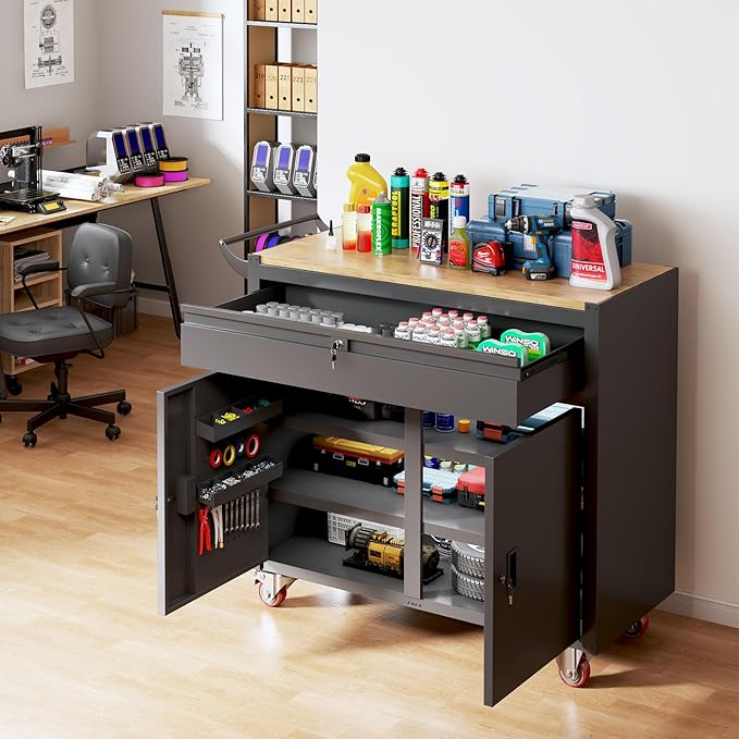 46-inch Rolling Tool Cabinet,Tool Chest Workbench with Wood Top, Casters, Handle, Drawer Liner, Locking System,Tool Storage Workstation with 1200 lb for Warehouse, Factory, Auto Service Bays