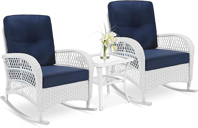 VIVIJASON 3-Piece Outdoor Conversation Bistro Set, Patio Wicker Rocking Chairs Rattan Furniture Sets w/ 2 Rattan Chairs, Cushions, Glass Top Side Table for Garden Porch Backyard (White/Navy Blue)