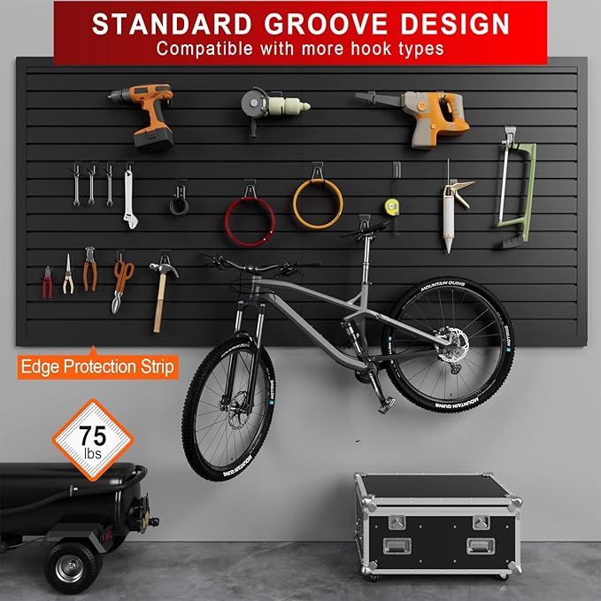 4'H x 4'W Slatwall Panel Garage Wall Organizer with Hooks, Heavy Duty Slat Wall Paneling Sheets, Interlocking PVC Panels, Garage Slatwall for Tool Organization Mounted Storage Systems Black