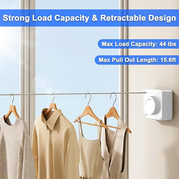 Retractable Clothesline Indoor, Non-Sagging Outdoor Clothes Drying Line Retracting Heavy Duty Clothes Drying Laundry Line Wall Mounted Stainless Steel Line - 15.6 Feet (Square White)