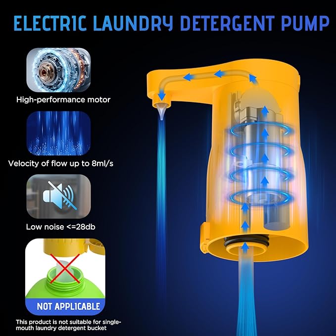 Detergent Dispenser, Auto Laundry Detergent Dispenser with Silicone Washable Laundry Measuring Cup Graduated Cup, No Waste, USB Rechargeable, Ideal for Laundry Room Organization (Yellow)