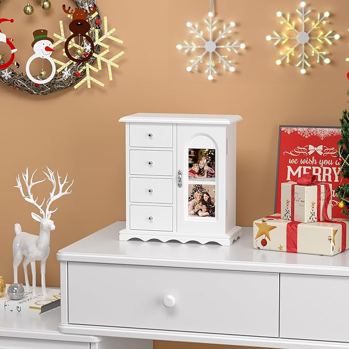 Bonnlo Small Jewelry Box Organizer with Photo Frame Door & Velvet Ring Holder, French Style Jewelry Storage Case with Rotating Necklace Hooks & Drawers, White,9.5" W*4.75" D*10.75" H