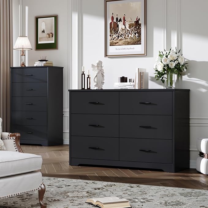 LIDYUK Dresser for Bedroom, Wood Dresser with 6 Drawers, Modern Minimalist Style Dressers & Chests of Drawers, 48 Inches Wide Chest of Drawers for Bedroom, Hallway, Living Room, Black