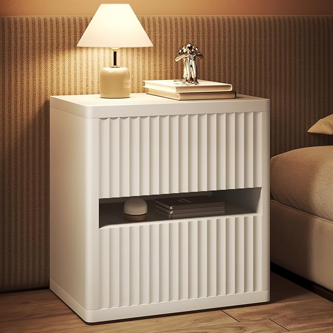 Dripex Fluted Nightstand with 2 Drawers, Large Wide Wood Night Stand Bedside Tables for Bedroom, Mid-Century Modern Storage Bed Side Table, End Tables for Living Room Sofa Couch, White, Set of 2