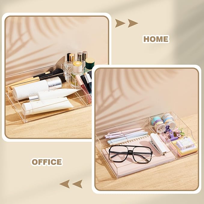 Acrylic Desk Drawer Organizer 12.2 x 8.27 x 1.77 Inch Storage Tray Organizer for Pens, Stationery, Desktop, Office, Bathroom, Kitchen, Makeup Supplies(5 Compartments, Clear)