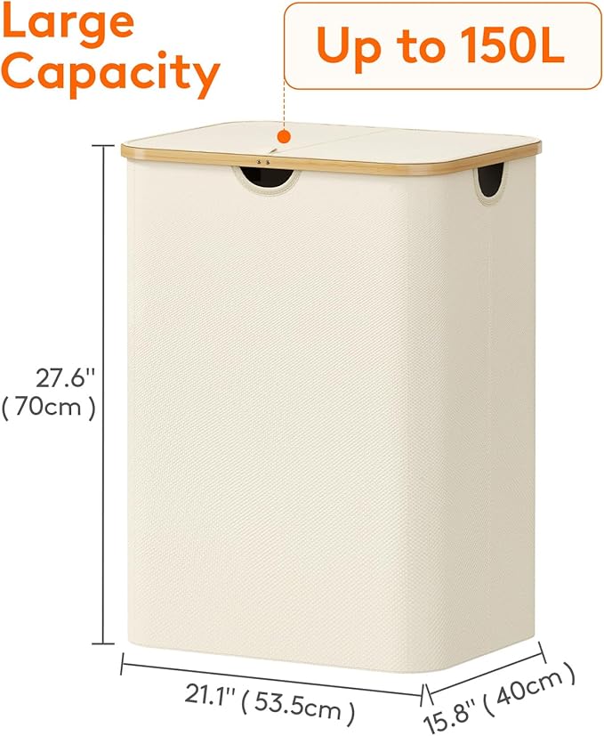 Lifewit 150L Laundry Basket with Lid, Clothes Hampers with Bamboo Handles and A Removable Laundry Bag, Large Foldable Hamper for Bedroom, Bathroom, Dorm, LaundryRoom, White