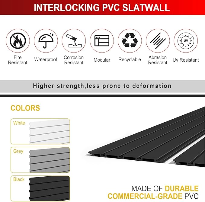 4'H x 4'W Slatwall Panel Garage Wall Organizer with Hooks, Heavy Duty Slat Wall Paneling Sheets, Interlocking PVC Panels, Garage Slatwall for Tool Organization Mounted Storage Systems Black