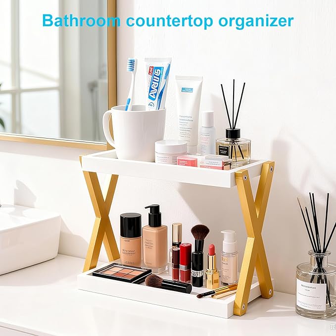Bathroom Counter Organizer, Wooden Sink Shelf for Vanity Storage, Storage Organizers for Bathroom, Kitchen, Dresser (Gold-White)