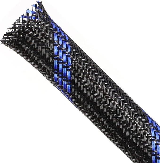 Braided Cable Sleeving, PET Expandable Braided Cable Sleeve, Flexible Mesh Sleeving Cord Management for Audio Video and Other Home Device, Cord Protector from Pets (Black Blue, 1/4" x 25ft)