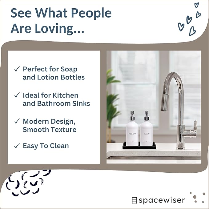 Countertop and Vanity Tray – Small 7.7” Silicone Tray, Soap Dispenser Trays, Bathroom Trays, Kitchen Soap Holder Sink Organizer Counter Caddy for Soaps Bottle Keys, Sponge Holder Dish Black
