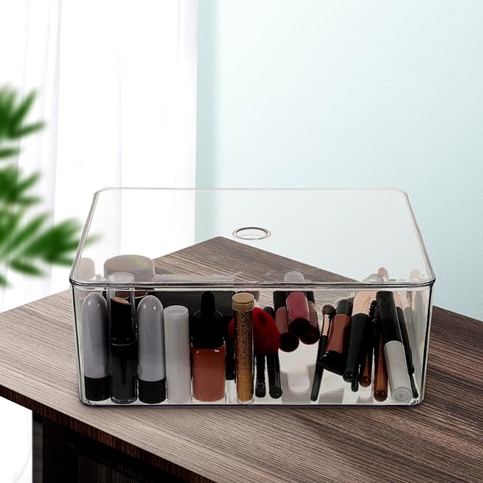 Garneck Stackable Transparent Acrylic Makeup Organizer Box with Lid Large Dustproof Cosmetic Storage for Vanity Desktop Clear Makeup Holder for Lipstick Eye Shadow Skincare and Accessories