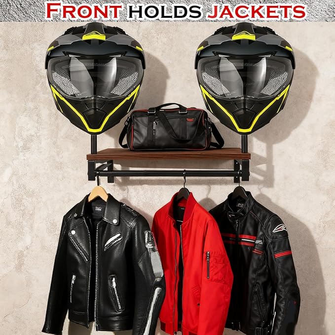 Motorcycle Helmet Holder Wall Mount, Gear Storage Rack with 4 Glove Clips, Wood and Metal Helmet Stand