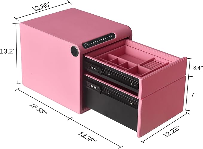 Biometric Fingerprint safe, Slide-Away Handgun Safe for Pistols, Leather Wrapped Jewelry Storage Safe, Drawer Safe for Home,Digital Keypad & Quick-Access Drawer (Pink-2 Drawer)