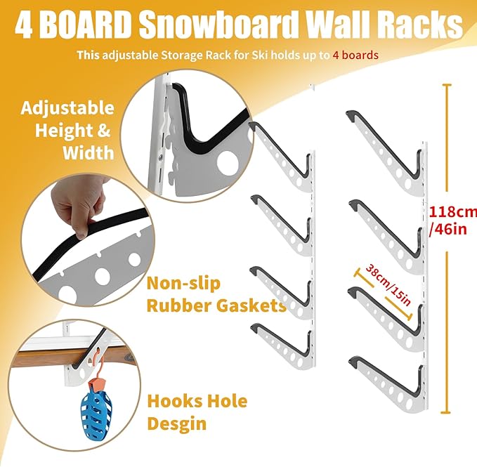 Snowboard Wall Racks, Adjustable Storage Rack for Ski, Surfboard, Wakeboard, Snowboard Wall Mount Display, White/Black
