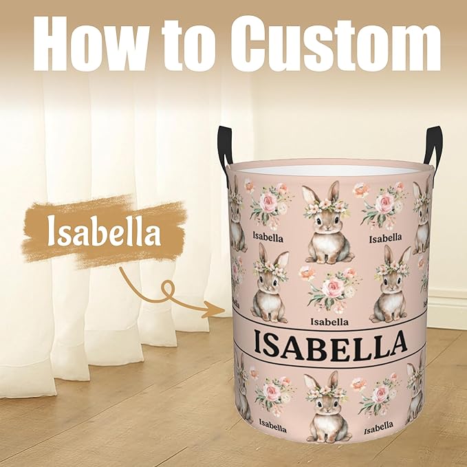 Custom Name Laundry Hamper, Personalized Rabbit Laundry Basket with Name for Boys Girls Kids Men Women, Customized Name Dirty Clothes Basket Gifts for Clothes Toy Bathroom Bedroom Laundry Room Dorm